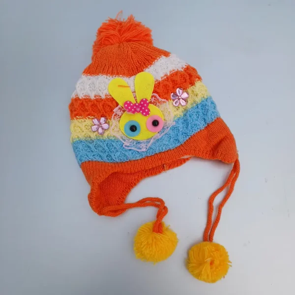 Unisex Woolen Kintted With Orange With 3 Different Colors Winter Cap For Baby upto 1 year -1pc