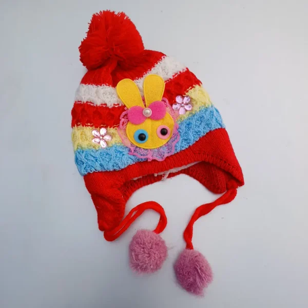 Unisex Woolen Kintted With Red and 3 Different Colors Winter Cap For Baby upto 1 year1 -1pc