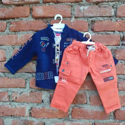 White Half Cotton Tee with Solid Denim Rust Pant and Blue Denim Jacket