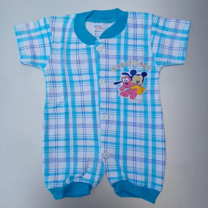 White-Sky Color micky printed Check Half Sleeves Pure Cotton Jumpsuit