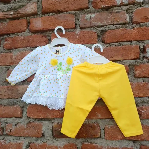Yellow Flower Printed Pure Cotton Girls Casual Frock And Long Pyjama