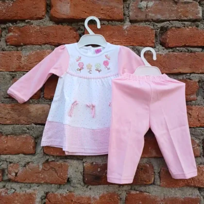 flamingo-pink-stretchable-flower-embroidery-dot-print-frock-and-pyjama