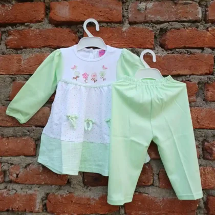 mint-soft-stretchable-flower-embroidery-dot-print-frock-and-pyjama