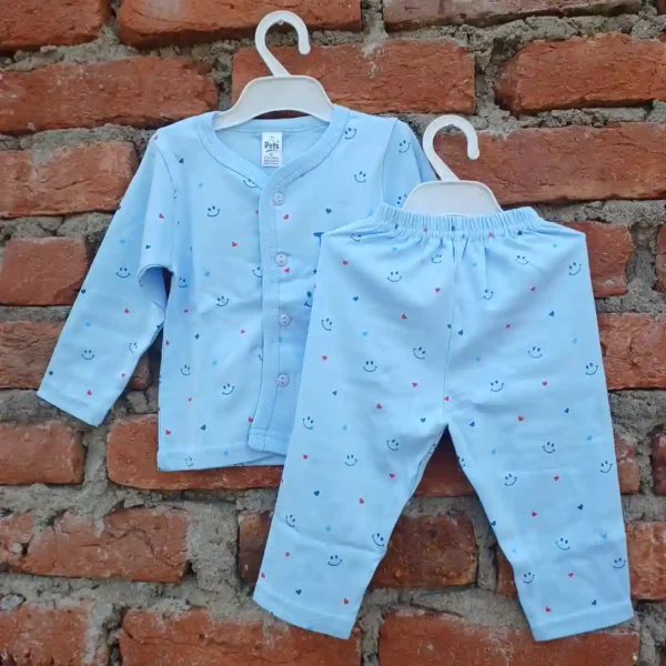 Blue Cotton Popcorn Printed Full Sleeves T-Shirt and Long Pyjama