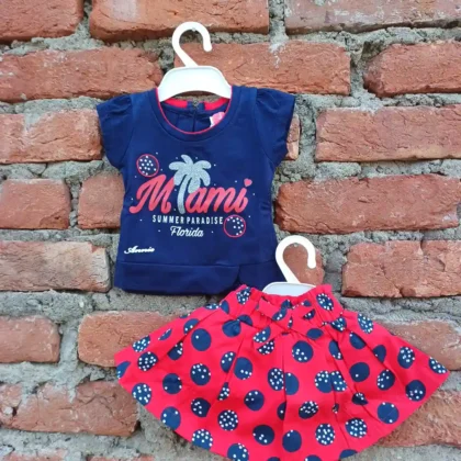 Blue Printed Printed T Shirt with Polka Dot Skirt