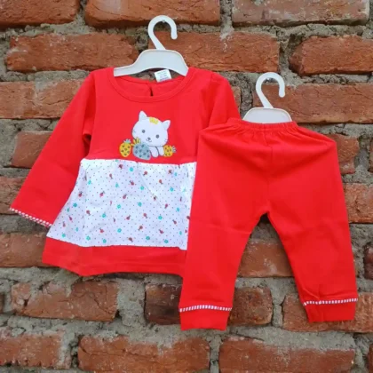 Girl Red Color Cat Embroidered White Print Full Sleeve Top Pyjama Soft Cotton