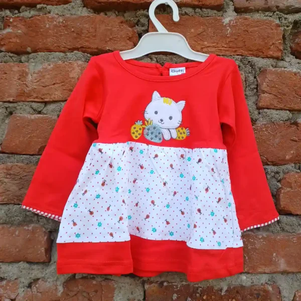 Girl Red Color Cat Embroidered White Print Full Sleeve Top Pyjama Soft Cotton1