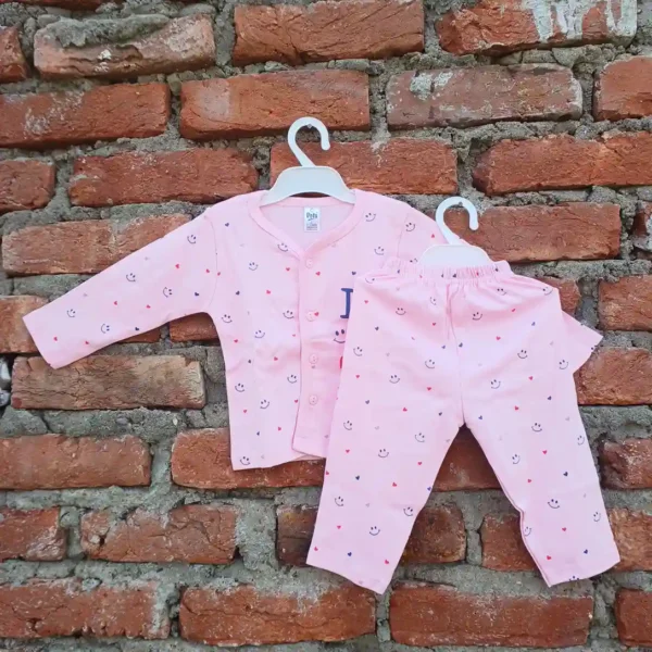 Light Pink Cotton Printed Full Sleeves T-Shirt and Long Pyjama