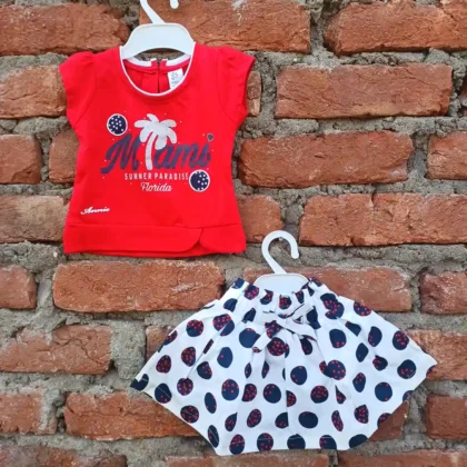 Red Printed Printed T Shirt with Polka Dot Skirt