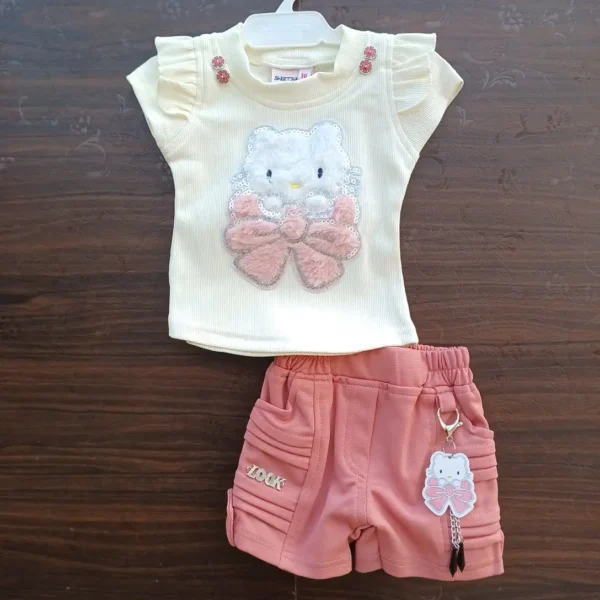 Cat Embroidery White Printed Top And Pink Short