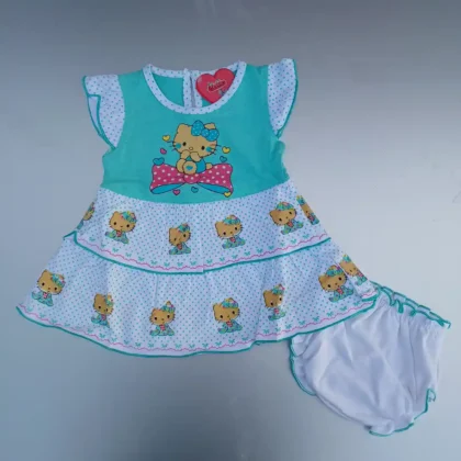 Girl Sky Blue White Cute Kitten Printed Frock and Bloomer