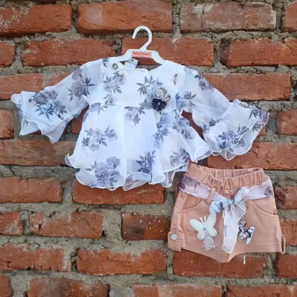 Girl Stretchable Floral White Top and Peach Shorts