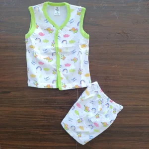 New Born Green Pink Color Printed Sleeveless T-Shirt and Pant