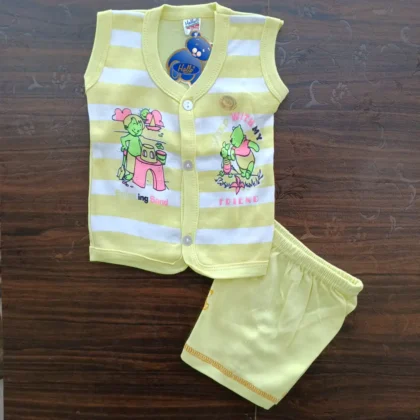 New Born Lemon Color Cotton Sleeveless T-Shirt with Half Pant Jhabla