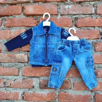 Party Blue Denim Full Sleeves Shirt Jacket And Pant