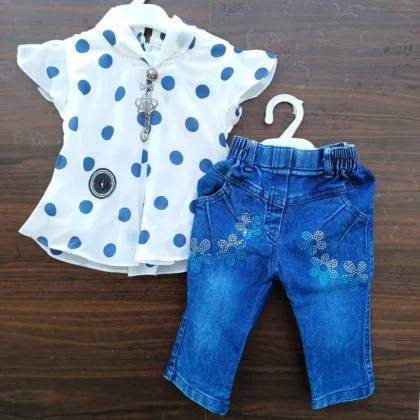White with Blue Polka Dots White Sleeveless Fancy Top and Denim