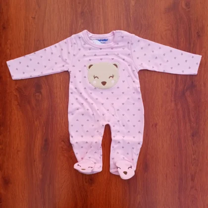 Full Sleeve Pink Romper Jumpsuit Teddy Face Little Heart Printed