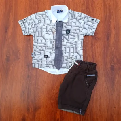 White Cotton Half Shirt and Brown Jacket and Pant