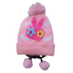 soft woolen cap pink color rabbit design knitted with strap