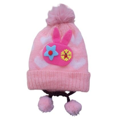 soft woolen cap pink color rabbit design knitted with strap