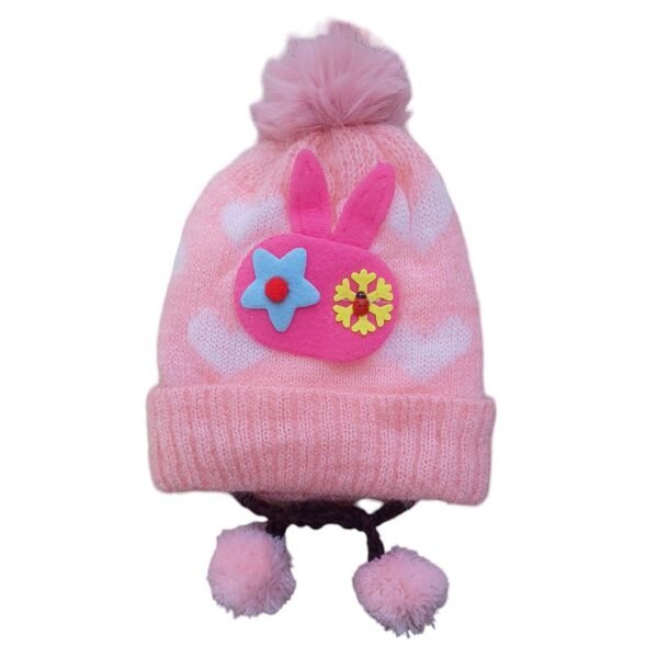 soft woolen cap pink color rabbit design knitted with strap