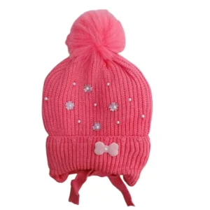 Coral-pink baby winter cap with pom-pom, floral embellishments and pink bow patch