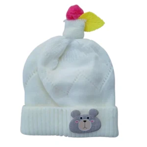 White baby winter cap with bear-face patch and pink-yellow decorative topper