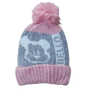 Pink and grey baby winter cap with fluffy pink pom-pom