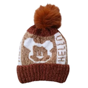 Brown and cream baby winter cap with bear-face pattern and fluffy brown pom-pom