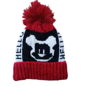 Red, black and white baby winter cap with bear-face pattern and fluffy red pom-pom