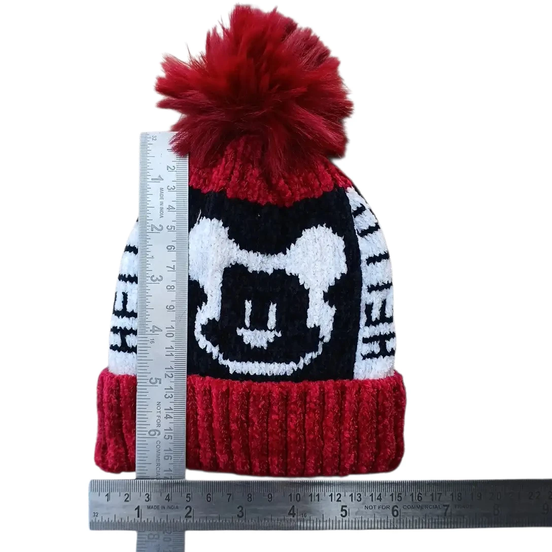 Red, black and white baby winter cap with bear-face pattern and fluffy red pom-pom size