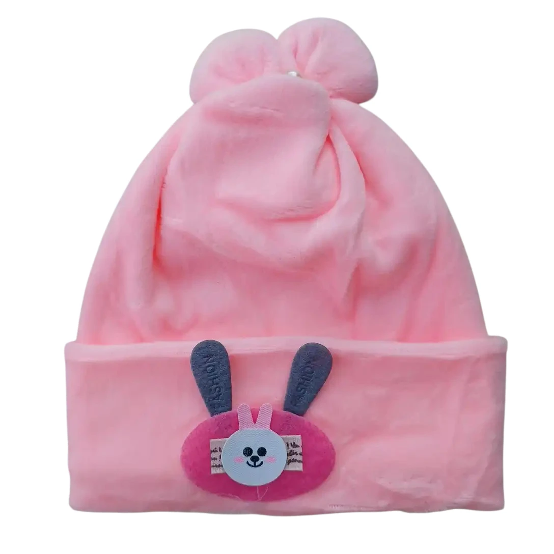 Pink baby winter cap with cute bunny-face patch and decorative ears