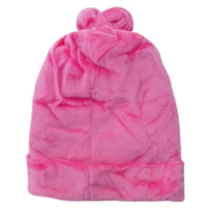 Pink baby winter cap with yellow cartoon face patch and decorative top