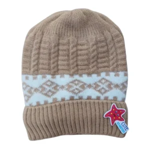 Taupe-brown baby winter cap with white geometric pattern and colourful starfish patch