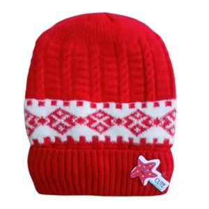 Red baby winter cap with white geometric pattern and colourful starfish size
