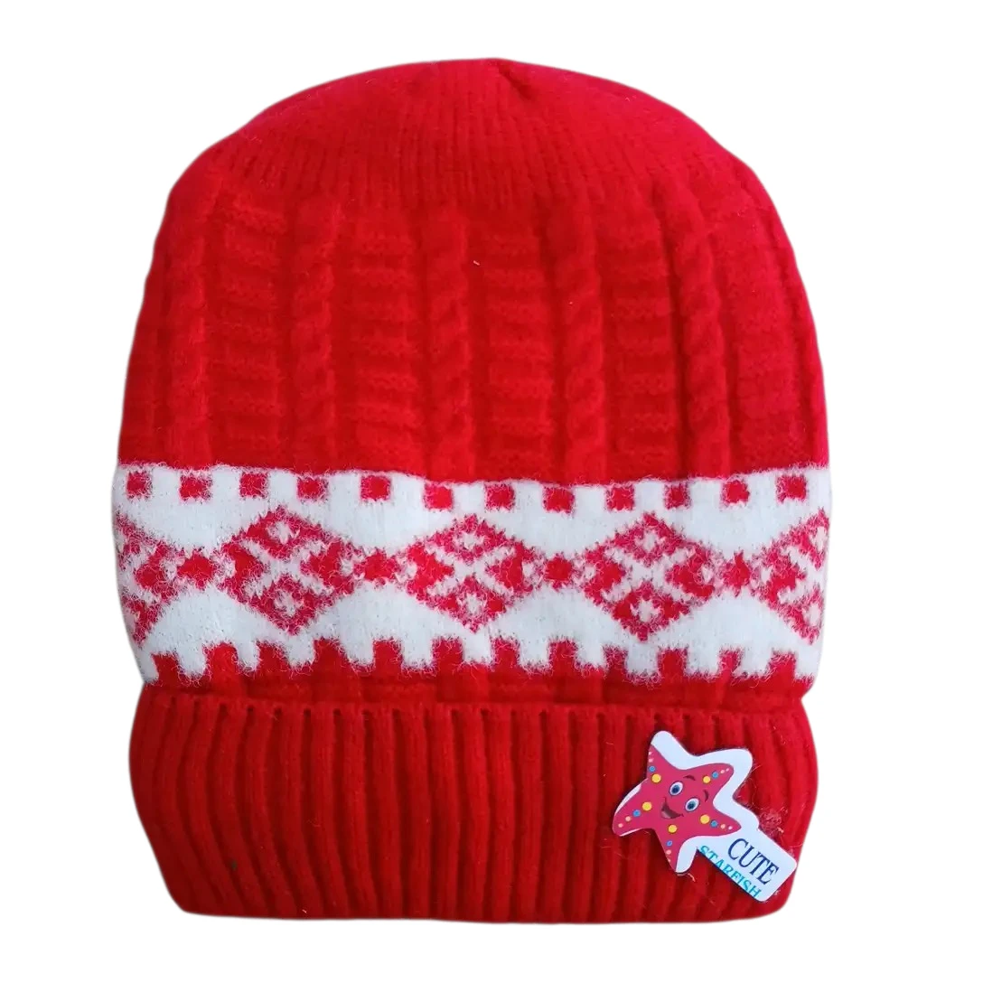 Red baby winter cap with white geometric pattern and colourful starfish size