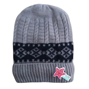 Grey baby winter cap with black geometric pattern and colourful starfish patch
