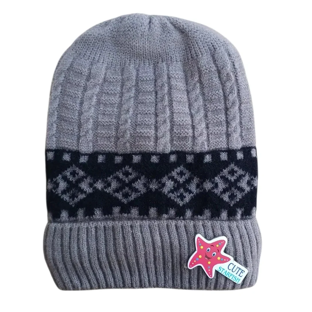 Grey baby winter cap with black geometric pattern and colourful starfish patch