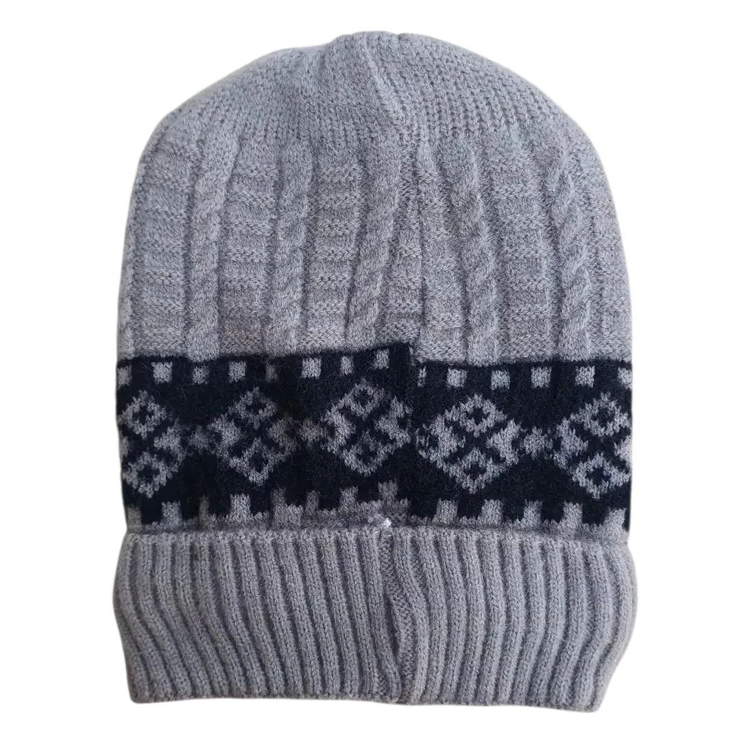 Grey baby winter cap with black geometric pattern and colourful starfish patch back