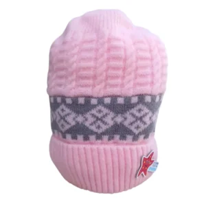 Pink baby winter cap with grey geometric pattern and colourful starfish patch