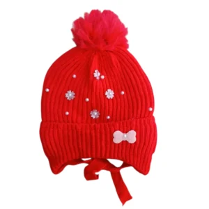 Red baby winter cap with fluffy pom-pom, floral embellishments and pink bow patch red