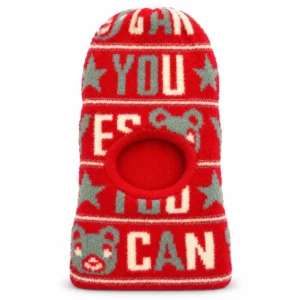 Red baby winter balaclava cap with sage green and cream teddy bear motifs and star patterns