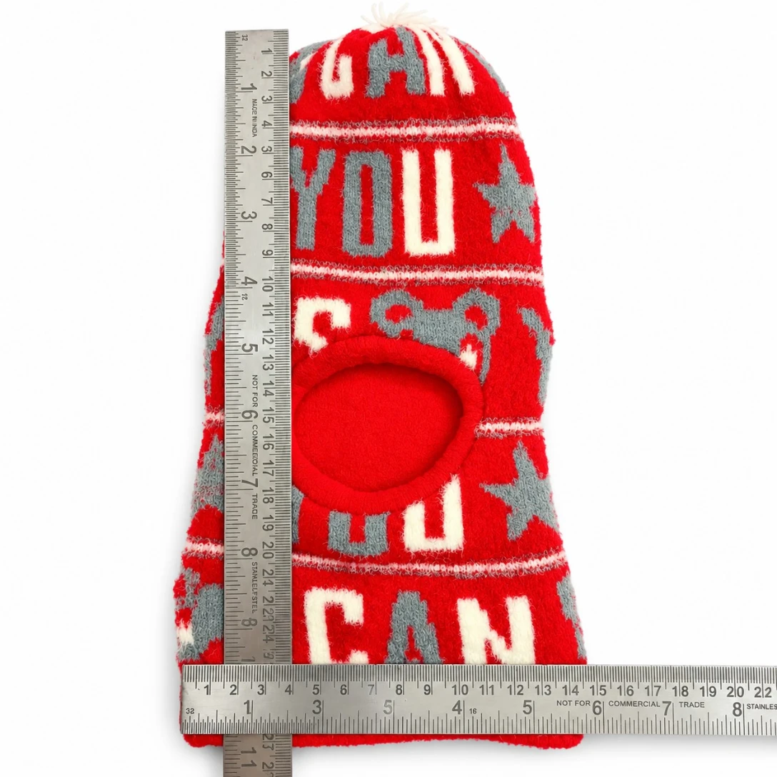 Red baby winter balaclava cap with sage green and cream teddy bear motifs and star patterns size