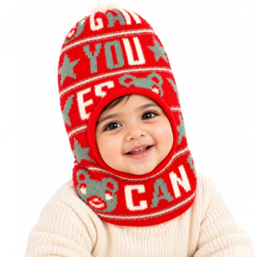 Red baby winter balaclava cap with sage green and cream teddy bear motifs and star patterns baby