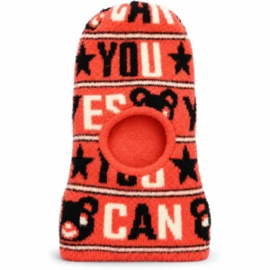 Coral-red baby winter balaclava cap with black and cream teddy bear motifs and star patterns