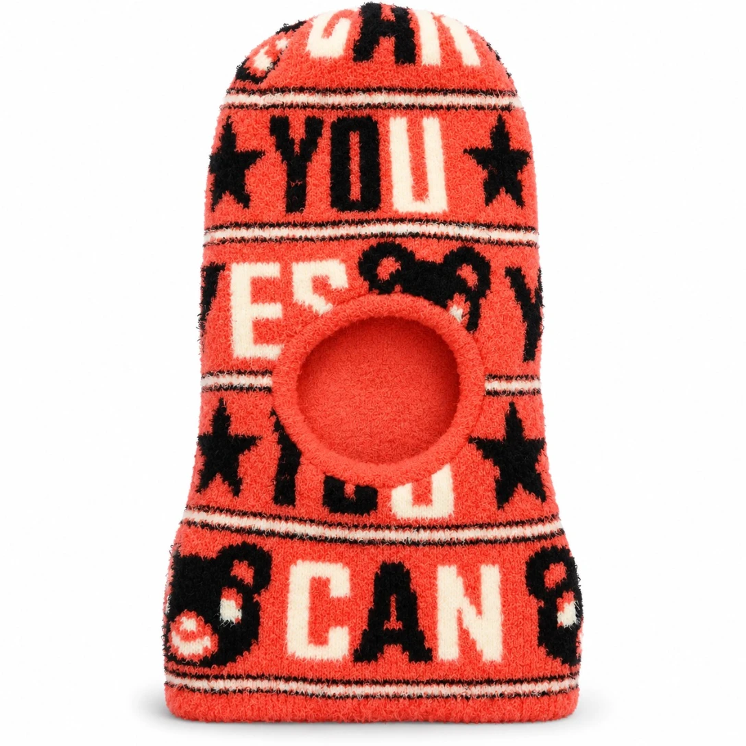 Coral-red baby winter balaclava cap with black and cream teddy bear motifs and star patterns