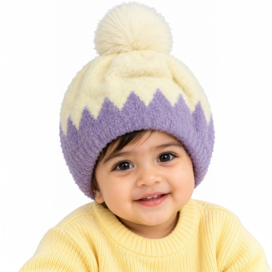 Lavender and cream baby winter cap with fluffy cream pom-pom and zigzag pattern boy