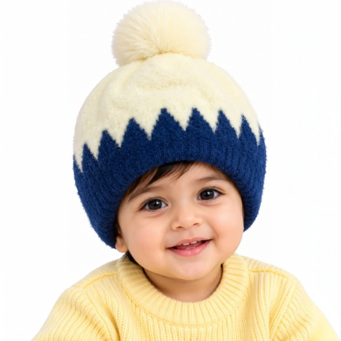 Navy blue and cream baby winter cap with fluffy cream pom-pom and zigzag pattern with baby
