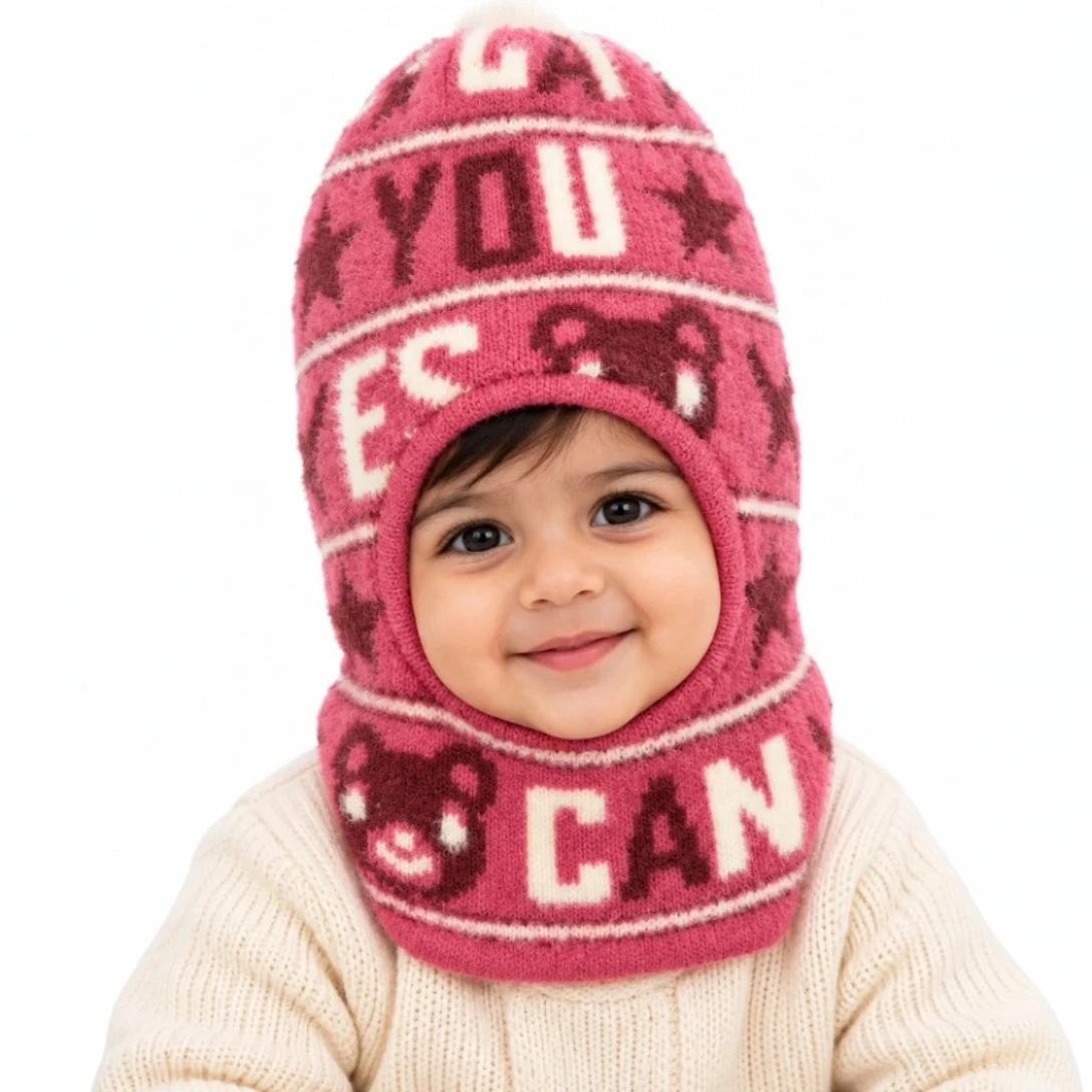 ink baby winter balaclava cap with maroon teddy bear motifs, stars and cream lettering boy