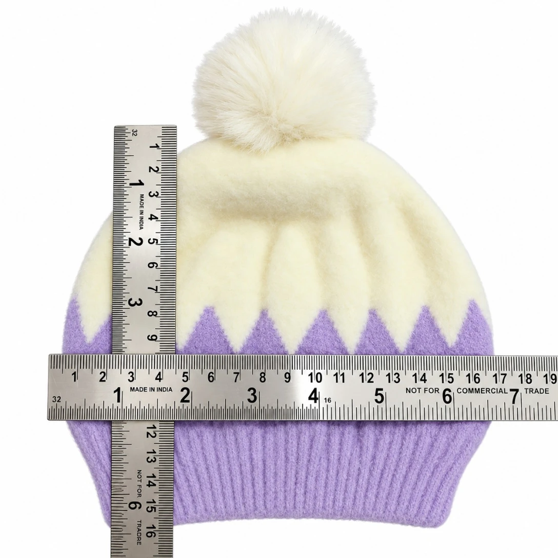 Lavender and cream baby winter cap with fluffy cream pom-pom and zigzag pattern size